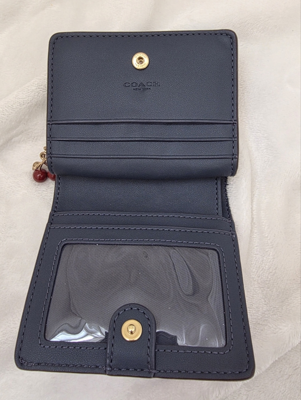 Custom Pink Washed Denim Coach Wallet | Cherry Charm Zip Around Upcycled Bag - Picture 9 of 10